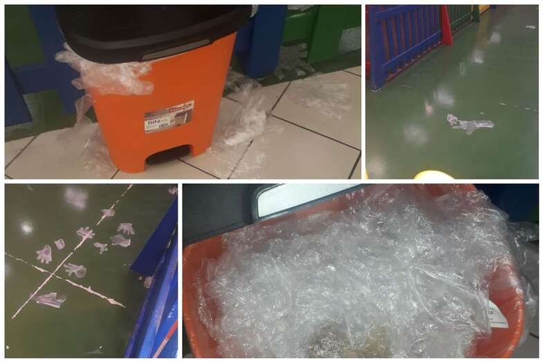 Guantes usados y tirados por el suelo en Hiperdino Melenara (Foto TA)